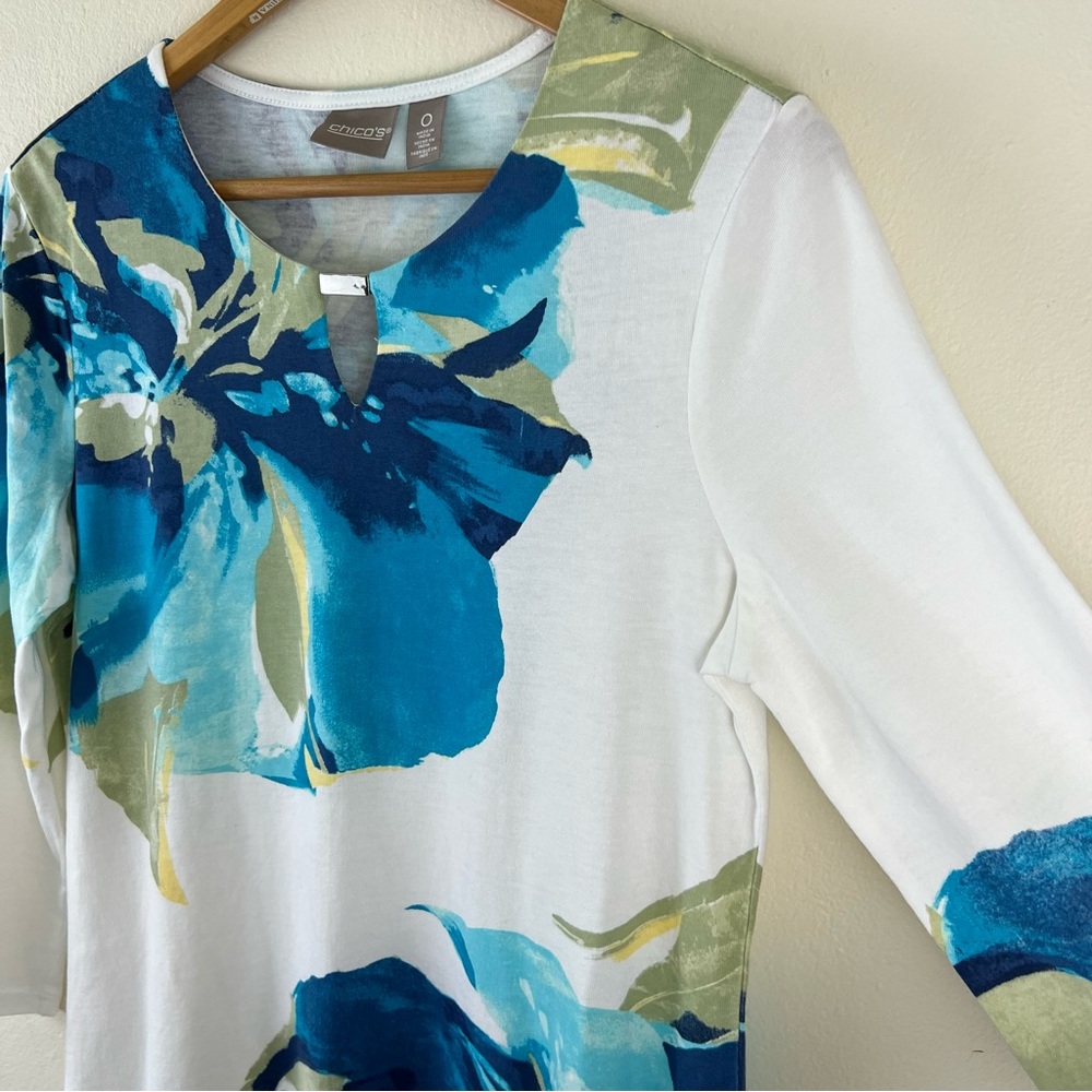 Chicos Iris Bloom Floral Petals Modal Cotton Blend 3/4 Sleeve Tunic - Picture 10 of 11